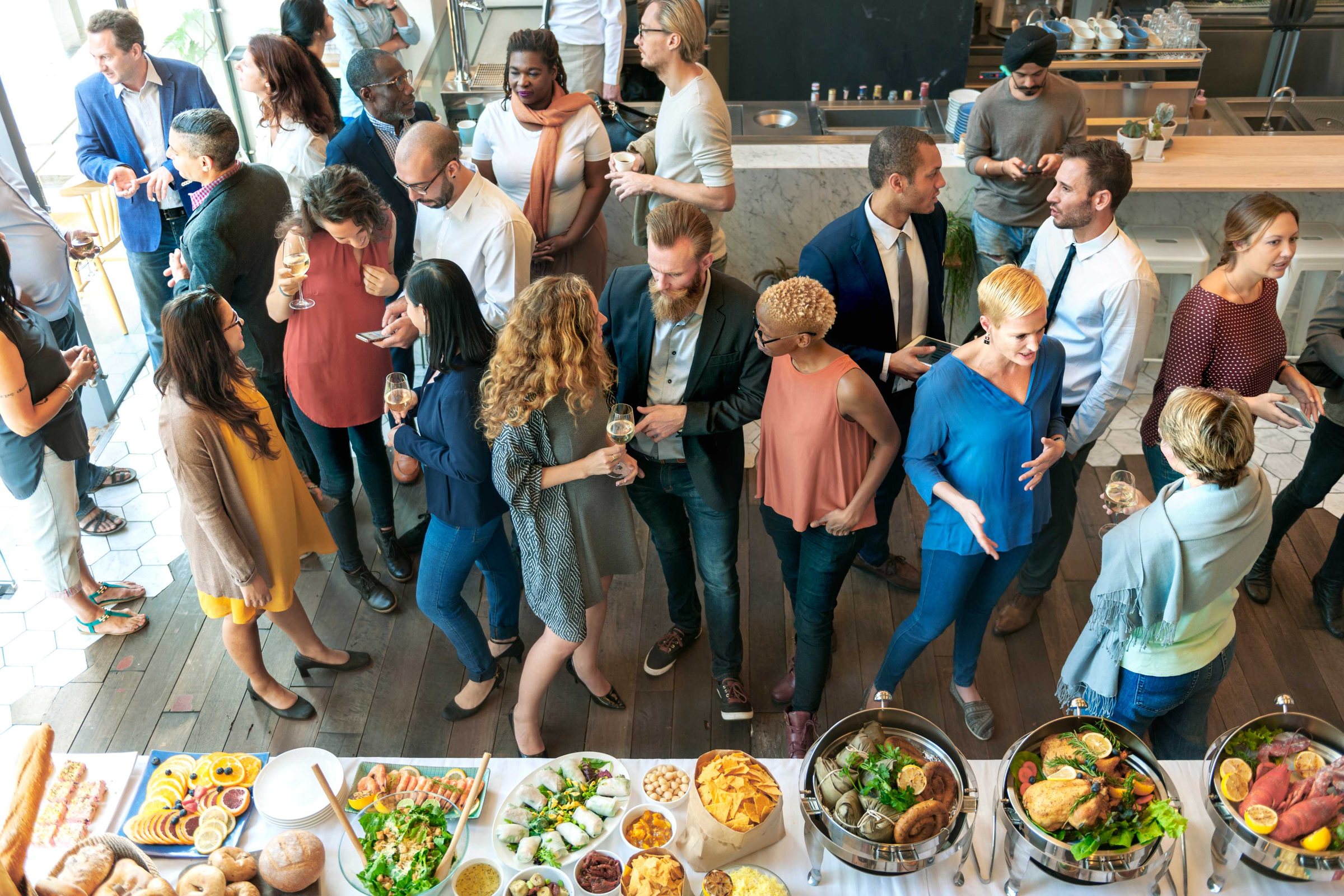 Overhead view of guests mingling at a community event